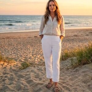 J. Jill Womens Love Linen Straight Pants Size M Off White Crop Beachy Minimalist